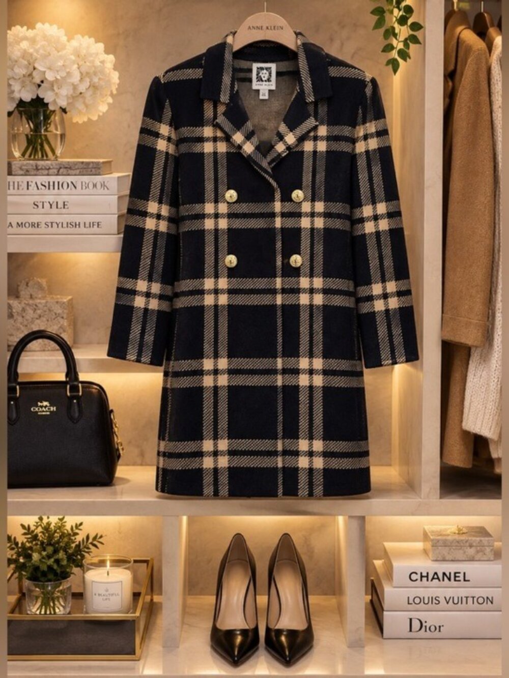 Anne Klein XL Plaid Cardigan Coat Navy Tan Gold Button Old Money Preppy Fall - Picture 12 of 13